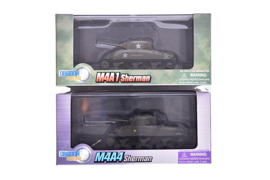 Pair of Dragon Armor 1:72 M4A1 and M4A4 Sherman Diecast WWII Military Tanks (1 of 2)