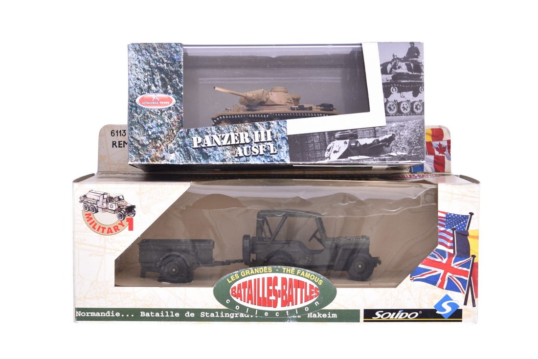 Pair of Diecast Military Vehicle Models - 1:72 Admiral Toys Panzer III Ausf L Tank and 1:43 Solido: Pair of Diecast Military Vehicle Models - 1:72 Admiral Toys Panzer III Ausf L Tank and 1:43 Solido Jeep Remorque Includes replica 1:72 scale die cast PZKPFW III Afrika Korps Panzer III Ausf L Tank No.