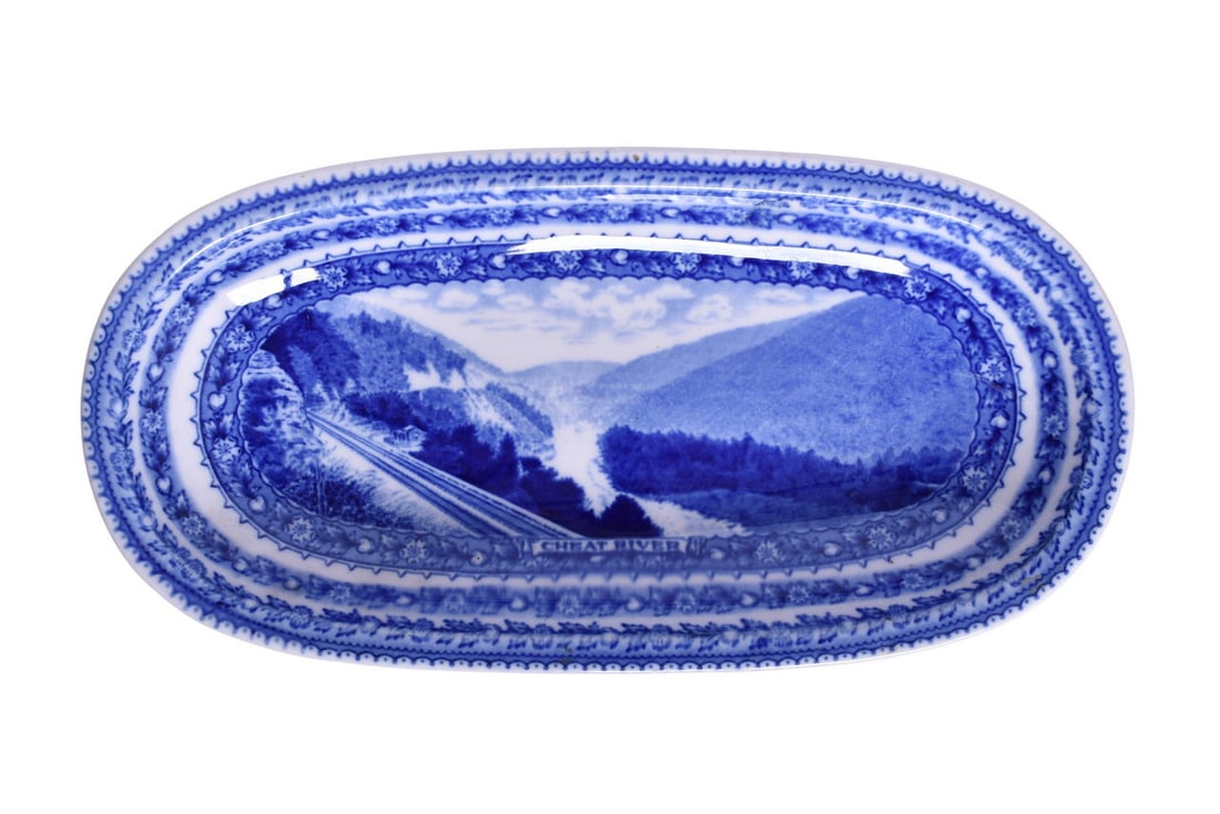 Baltimore and Ohio Railroad China Centenary Oval Bread Dish - Patent Applied For: Baltimore and Ohio Railroad China Centenary Oval Bread Dish - Patent Applied For A 12" x 6" china bread dish for the Baltimore & Ohio Railroad in the Centenary pattern with the Cheat River graphic, bo