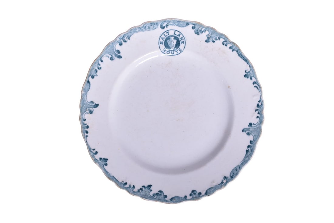 Salt Lake Route Railroad China Harriman Blue Plate 7 1/2": Salt Lake Route Railroad China Harriman Blue Plate 7 1/2" A 7 1/2" railroad dining car china plate for the San Pedro, Los Angeles & Salt Lake Railroad (SPLA&SL) in the Harriman Blue pattern. The plate