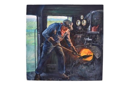 Original Ted Xaras "The Fireman" Acrylic on Board Railroad Painting