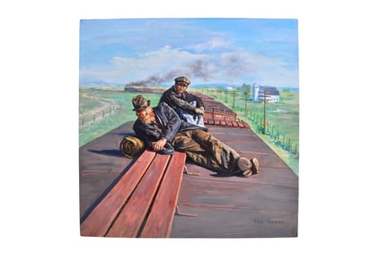 Original Ted Xaras "Hobos" Acrylic on Board Railroad Painting
