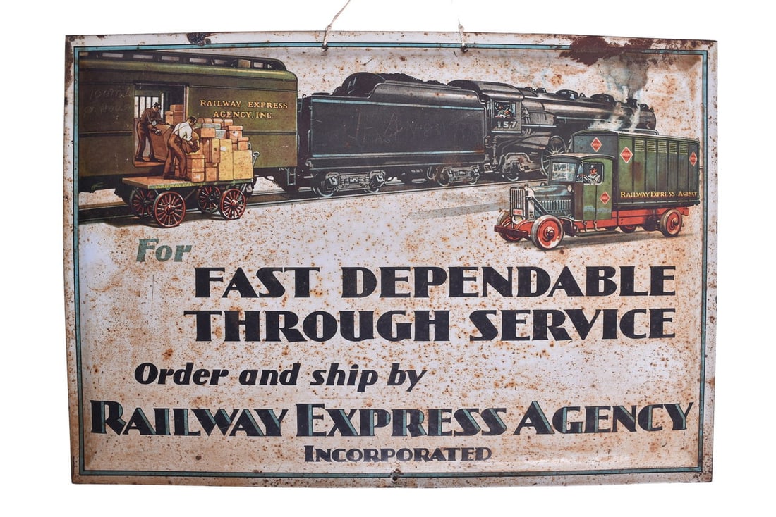 Railway Express Agency Tin Lithograph Advertising Sign: Railway Express Agency Tin Lithograph Advertising Sign A single sided color tin lithograph railroad sign advertising Fast Dependable Through Service Order and Ship By Railway Express Agency Incorporat