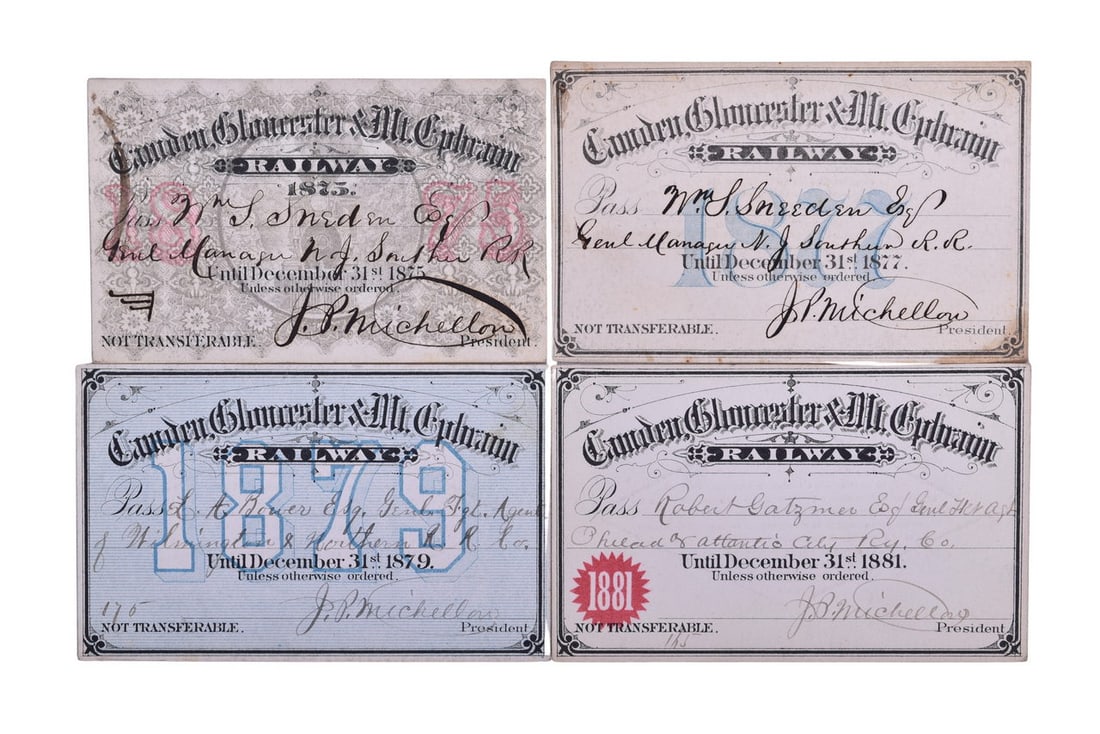 Four Camden, Gloucester & Mt. Ephraim Railway Annual Passes - 1875, 1877, 1879, and 1881: Four Camden, Gloucester & Mt. Ephraim Railway Annual Passes - 1875, 1877, 1879, and 1881 Group of annual passes for Camden, Gloucester & Mt. Ephraim Railroad in New Jersey, all signed by president J.P