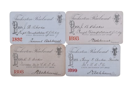 Four Tuckerton Railroad Annual Passes - 1892, 1893, 1898, and 1899