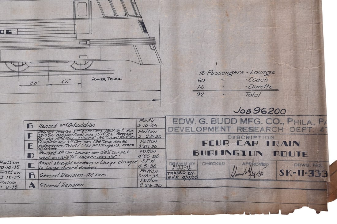 Original 1935 Budd Company Burlington Railroad "Mark Twain Zephyr" 4 Car Set Drawing: Original 1935 Budd Company Burlington Railroad "Mark Twain Zephyr" 4 Car Set Drawing Original pen drawing SK-11-333 from the Budd Company dated February 1935, drawn by Patton who designed and held a n
