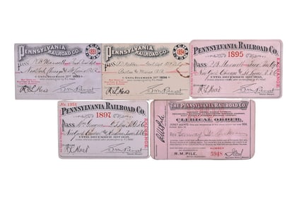 Five Pennsylvania Railroad Annual Passes - 1893, 1894, 1895, 1897, and 1904 Clerical Order