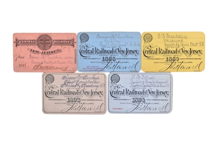 Five Central Railroad of New Jersey Annual Passes - 1887, 1888, 1889, 1893, and 1894