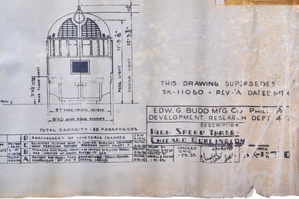 Original 1934/35 Budd Company CB&Q Railroad Pioneer Zephyr 3 Car Train Drawing
