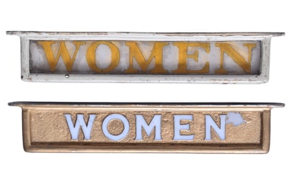 Pair of Brass and Etched Glass "Women" Women's Restroom Railroad Signs