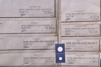 Eight Original 1940 Budd Company Chicago Burlington & Quincy Railroad Silver Series Car Drawings