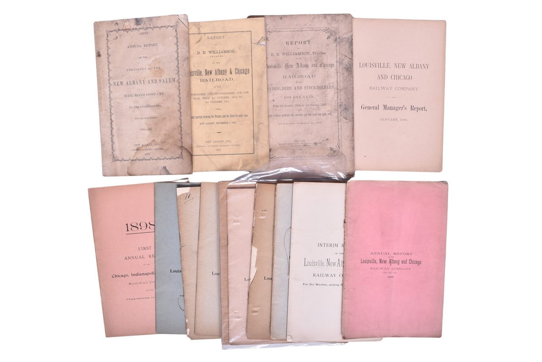 Early Monon Railroad Annual Reports - 1853 New Albany & Salem, 1865 Louisville, New Albany &: Early Monon Railroad Annual Reports - 1853 New Albany & Salem, 1865 Louisville, New Albany & Chicago, and More Group of Monon Railroad annual reports spanning 1853 to 1898. Includes 1853 New Albany & 