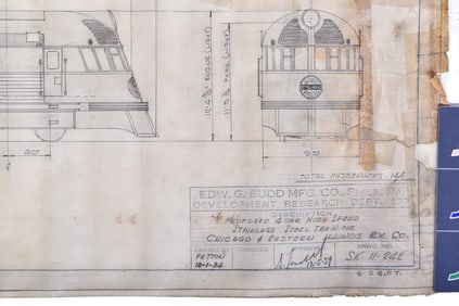 Original 1934 Budd Company Chicago & Eastern Illinois Railroad Proposed 4 Car "Zephyr" Set Pencil