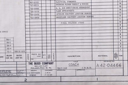 Original 1955 Budd Company CB&Q Railroad "Silver Bit" Passenger Car Drawing