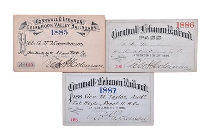 Three Cornwall & Lebanon Railroad Annual Passes - 1885, 1886, 1887