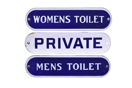 Trio of Porcelain Railroad Restroom Signs - Mens Toilet, Private, and Womens Toilet
