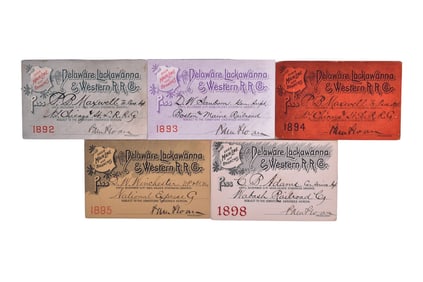 Five Delaware Lackawanna and Western Railroad Annual Passes - 1892, 1893, 1894, 1895, 1898