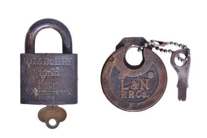 Pair of Brass Railroad Locks w/ Keys - Louisville and Nashville Pancake Lock and Nashville