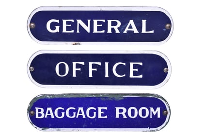 Trio of Porcelain Railroad Signs - General, Office, and Baggage Room
