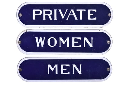 Trio of Porcelain Railroad Restroom Signs - Women, Private, and Men