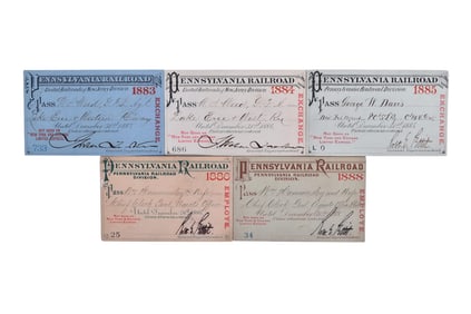 Five Pennsylvania Railroad Annual Passes - 1883, 1884, 1885, 1886, 1888