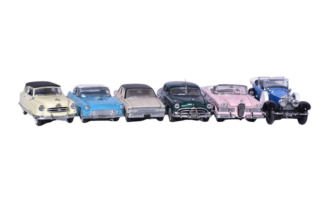 Six Franklin Mint Models - Nash, Hudson, Rolls-Royce, Edsel and Ford: Six Franklin Mint diecast 1:43 scale model cars. Includes 1951 Hudson Hornet, 1920s Rolls-Royce, Edsel Convertibe (Citation?), 1950 Nash Rambler Custom, 1950s Ford Thunderbird, and a 1960s Rambler