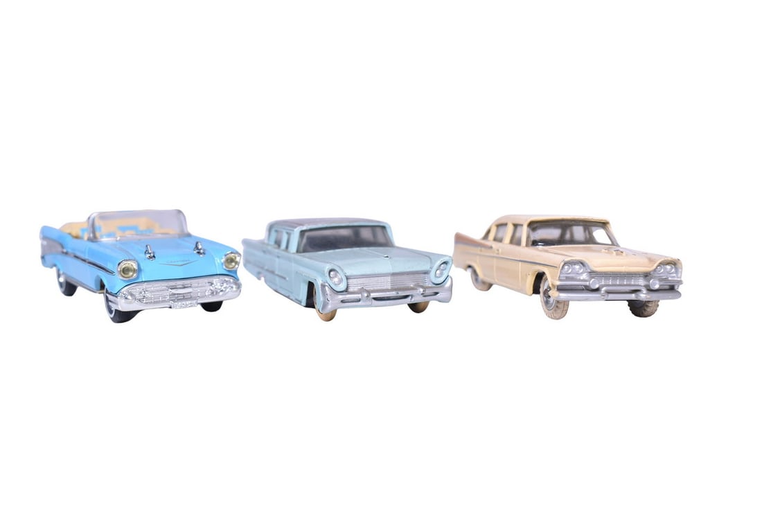 Five Dinky Car Models - Lincoln Premiere, Dodge Royal Sedan, Chevy Bel Air: Five Dinky diecast 1:43 scale model cars. Includes Lincoln Premiere, Dodge Royal Sedan, 1952 Austin A40 GV4 10 CWT Van, Citroen 2 C V, and 1957 Chevrolet Bel Air Sport Coupe. Cars do not come with ori