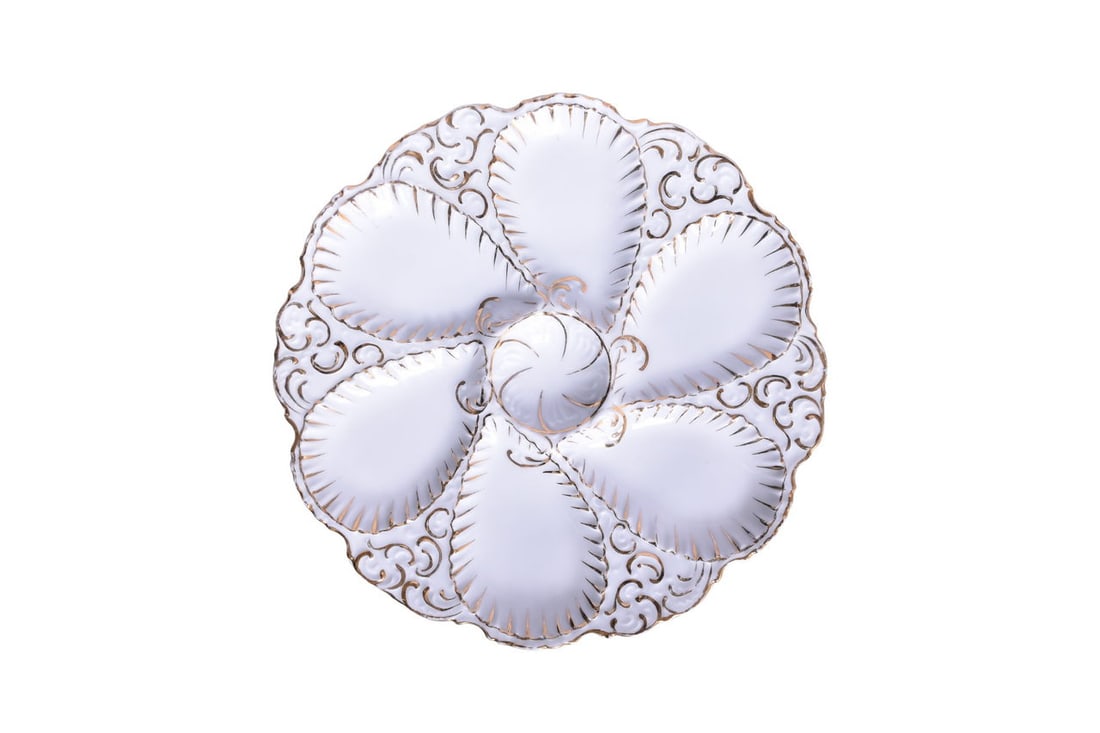 Pennsylvania Railroad China Philadelphia Oyster Plate: An 8 1/2" dining car china oyster plate in the Philadelphia pattern for Pennsylvania Railroad with scalloped edges and gold decoration manufactured in Austria. The plate is bottom stamped Made for The