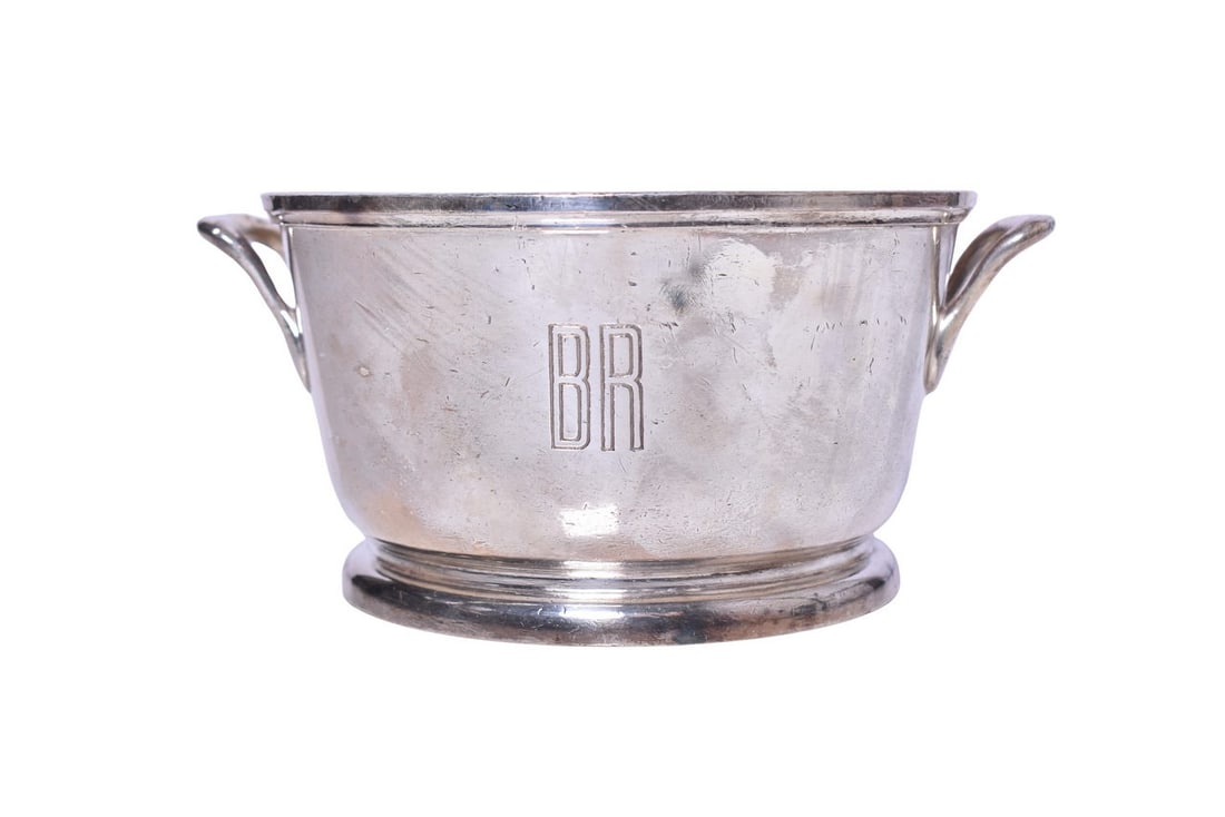 Reed & Barton Burlington Route Silver Ice Bucket 60 Oz.: A dining car ice bucket or bowl with handles for the Chicago Burlington and Quincy Railroad, side marked with engraved BR logo and bottom stamped Reed & Barton 3700 B3 60 oz. C.B.&Q.R.R.Co. with a bel