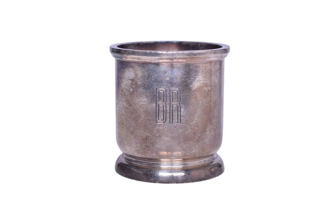 Reed & Barton Burlington Route Railroad Silver Toothpick Holder: A 2 3/8" tall silver toothpick holder for the Chicago Burlington and Quincy Railroad, side marked with the BR logo and bottom stamped Reed & Barton 3700B3 with a heart icon. The holder shows general w