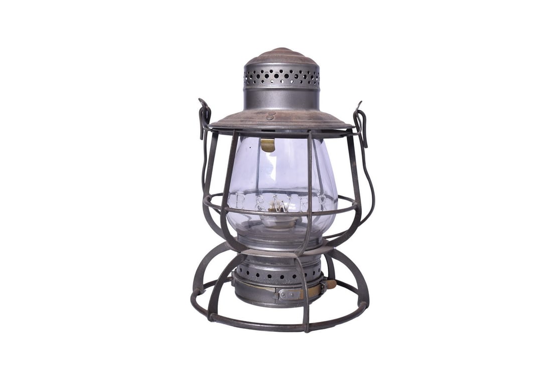 Armspear Philadelphia Baltimore & Washington Railroad Lantern w/ Clear Cast Globe: Armspear single-wire guard lantern with PB&W RR embossed on the shoulder. This likely stands for Philadelphia Baltimore and Washington, but could stand for Pine Bluff & Western. Lantern presents very