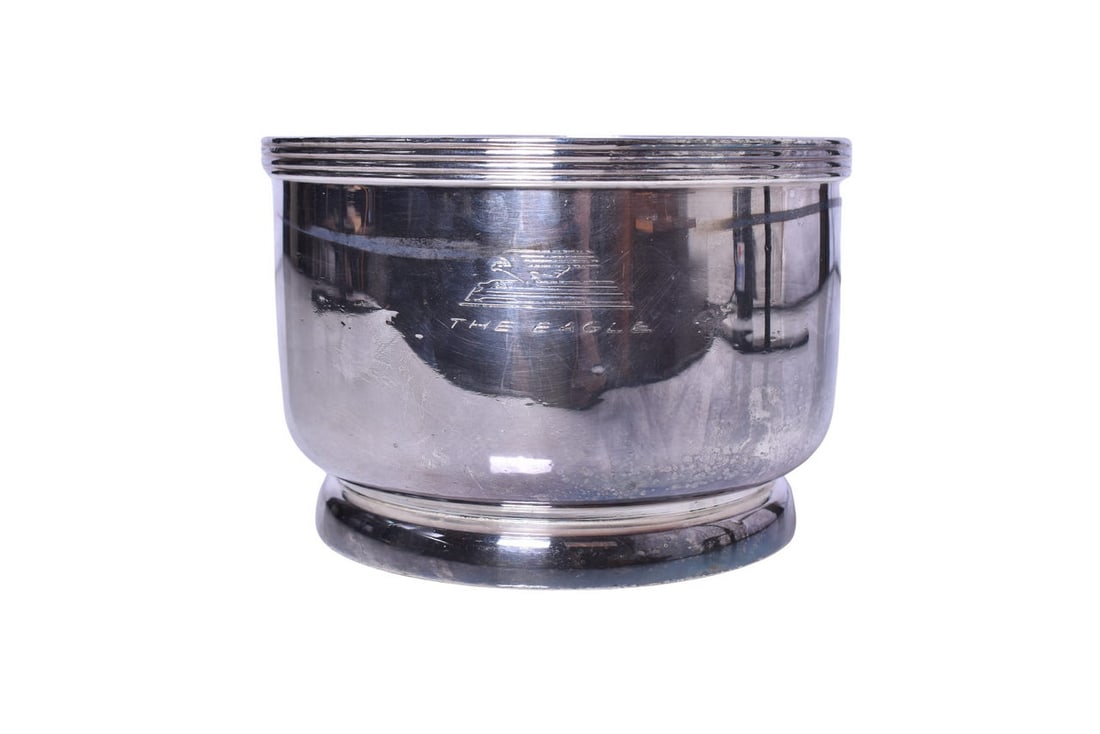 Missouri Pacific Railroad 'The Eagle' International Silver Ice Bucket: Dining car silver ice bucket or bowl measuring 7 1/4" diameter by 5" tall. The Ice bucket is side marked with engraved The Eagle logo and bottom stamped Missouri Pacific Lines International Silver 050