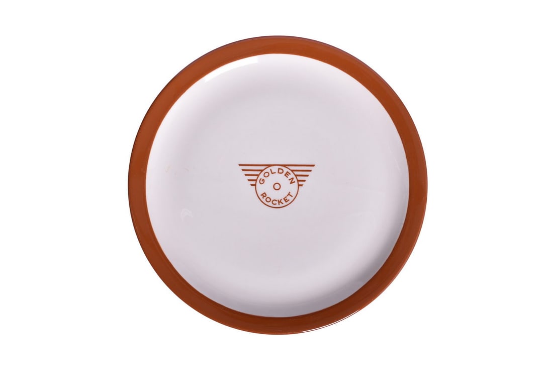 Rock Island and Southern Pacific Railroad Golden Rocket Service Plate: A Chicago, Rock Island & Pacific and Southern Pacific service plate by Ivory Shenango, top marked with the Golden Rocket logo with very crisp lines and sharp printing. Measures 10 1/8". Plate shows mi