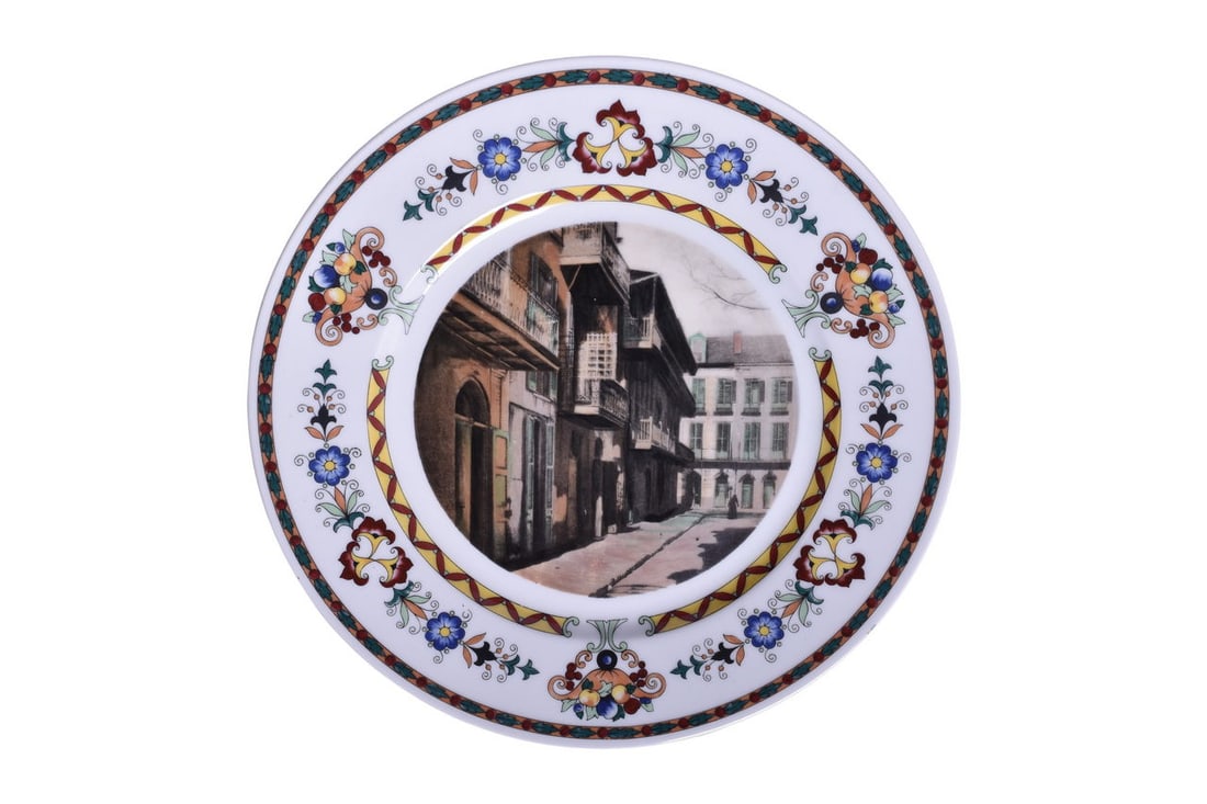 Illinois Central Railroad French Quarter Service Plate Pirate Alley New Orleans: A French Quarter service plate for the Illinois Central Railroad titled "Pirate Alley New Orleans" measuring 10 3/4". This is one of 10 from the original series used on the Panama Limited during the 1