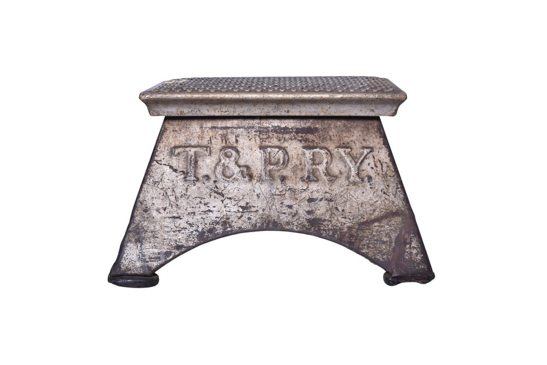 Morton Texas and Pacific Embossed Serif Font Step Box: A handsome Texas and Pacific step box made by Morton for the Texas and Pacific . T. & P. RY. boldly embossed in serif font on the side of the box. The silver paint on the box appears to be original an