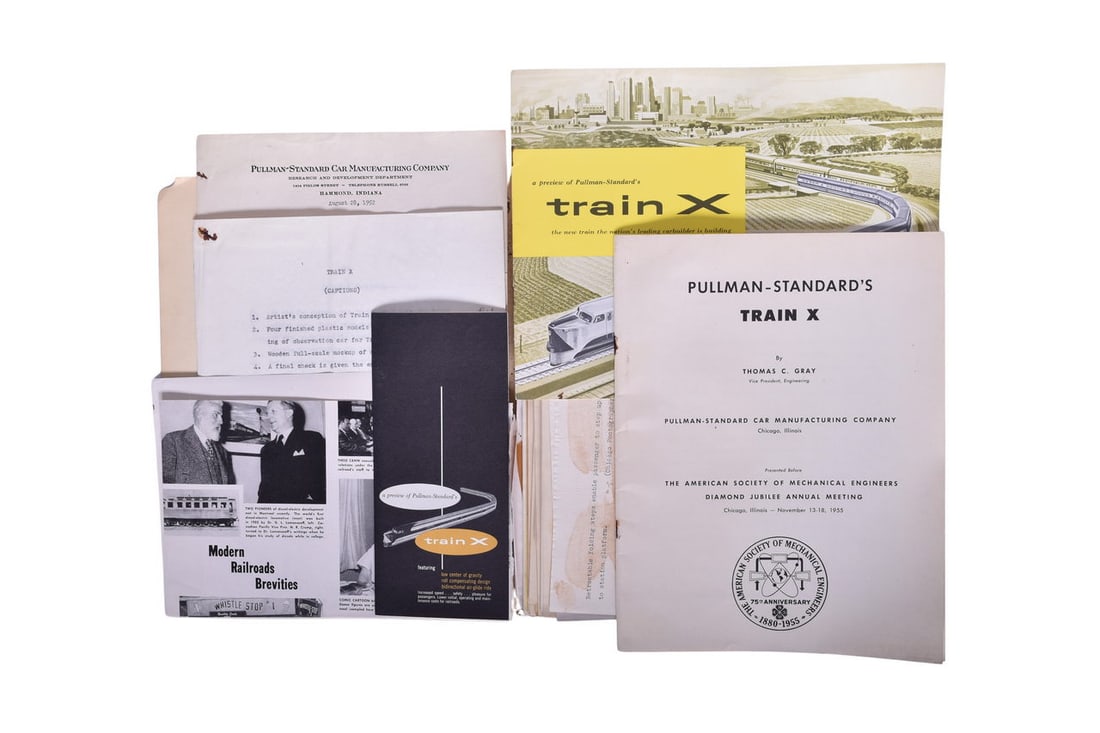 Pullman Archives "Train X" Marketing, Design, and Progress Folder: Really neat folder containing quite a bit of information for the 1950's Train X which was promoted by the Chesapeake and Ohio and eventually became the New York Central Explorer. Includes marketing ma