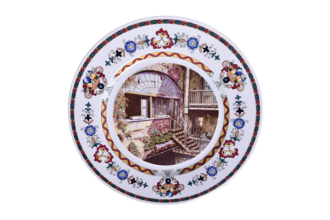 Illinois Central Railroad French Quarter Service Plate Fan Window in Claibourne Court Toulouse: A 10 3/4" French Quarter service plate for the Illinois Central Railroad titled "Fan Window in Claibourne Court". This is one of 10 from the original series used on the Panama Limited during the 1930s