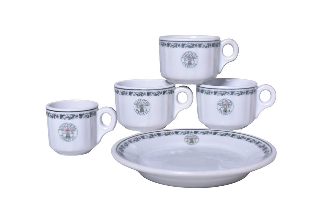 Group of Southern Pacific Railroad China 1923 Sunset Coffee Cups, Demitasse Cup, and Bread Plate: Five pieces of railroad dining car china for the Southern Pacific Lines in the Sunset pattern, all marked with the Sunset logo and bottom stamped Bauscher Arthur Schiller and Son 1923. Includes three
