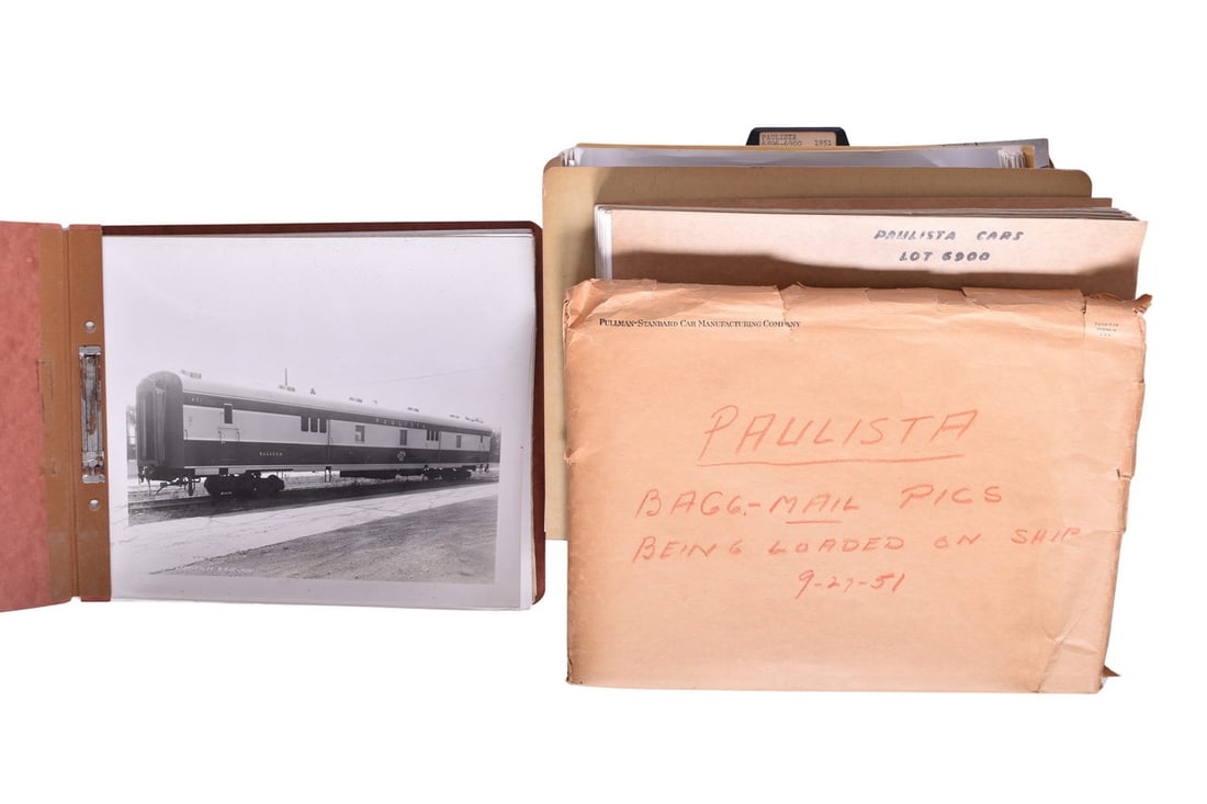 Brazillian Paulista Railway Pullman Passenger Car Photo Archive: Large group of photographs of the construction, completion, and export loading of passenger cars built by Pullman for the Paulista railway in Brazil. The items date from 1950 and 1951 and are well ove