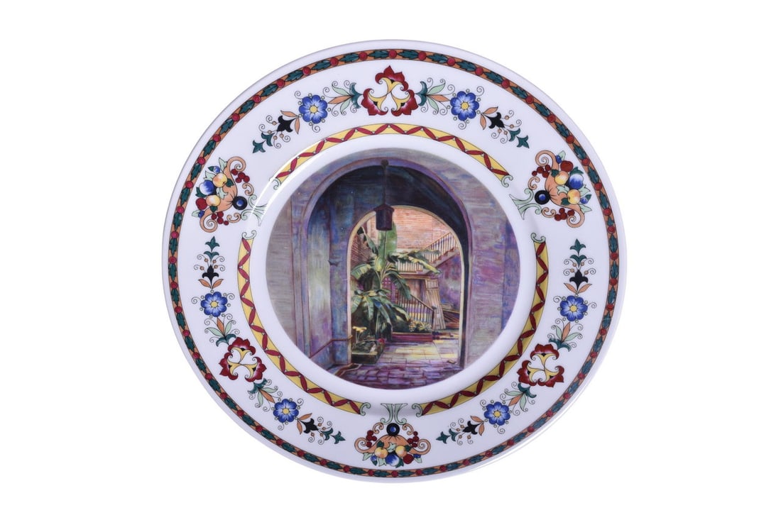 Illinois Central Railroad French Quarter Service Plate Stairway in Claibourne Court Toulouse: A 10 3/4" French Quarter service plate for the Illinois Central Railroad titled "Stairway in Claibourne Court". This is one of 10 from the original series used on the Panama Limited during the 1930s a