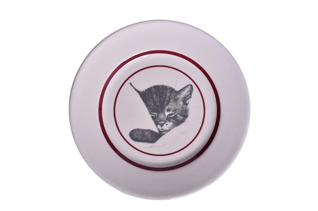 Chesapeake and Ohio Railroad Buffalo China Chessie Service Plate 10 1/2": A 10 1/2" china service plate for the Chesapeake and Ohio Railroad, top marked with kitten portrait and red pinstripes, and bottom marked with original Shenango Anchor Hocking and John Wanamaker stick