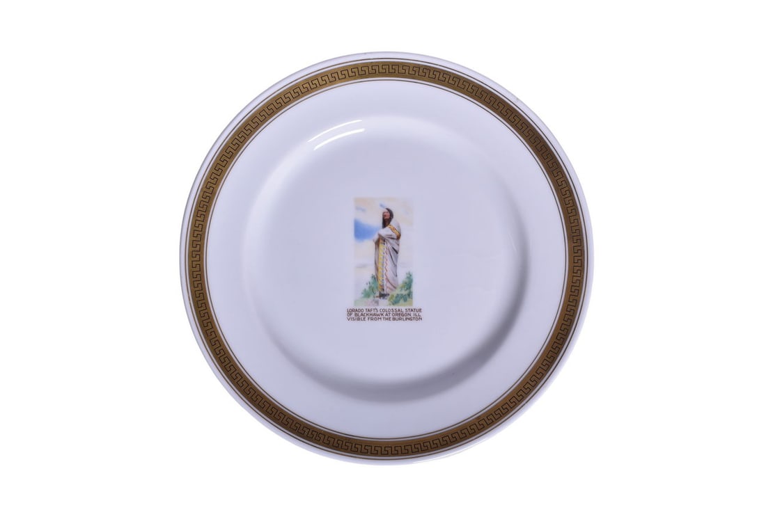 Rare Chicago Burlington & Quincy Railroad Blackhawk Service Plate 10 1/4": A 10 1/4" china service plate for the Chicago Burlington and Quincy Railroad top marked with Blackhawk graphic by Bauscher China Arthur Schiller and Son 1929, with a 26 stamped into the chinaware. The