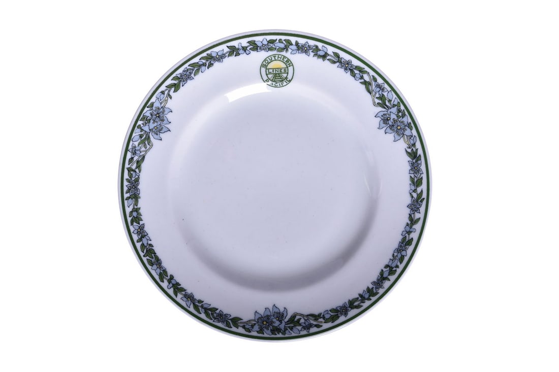 Unique Hand Painted Southern Pacific Railroad China Sunset Plate: A rare and unique china plate for the Southern Pacific Railroad in the Sunset - Hand Painted pattern. This is the same plate that was photographed and featured on page 144 in The Official Guide to Rai