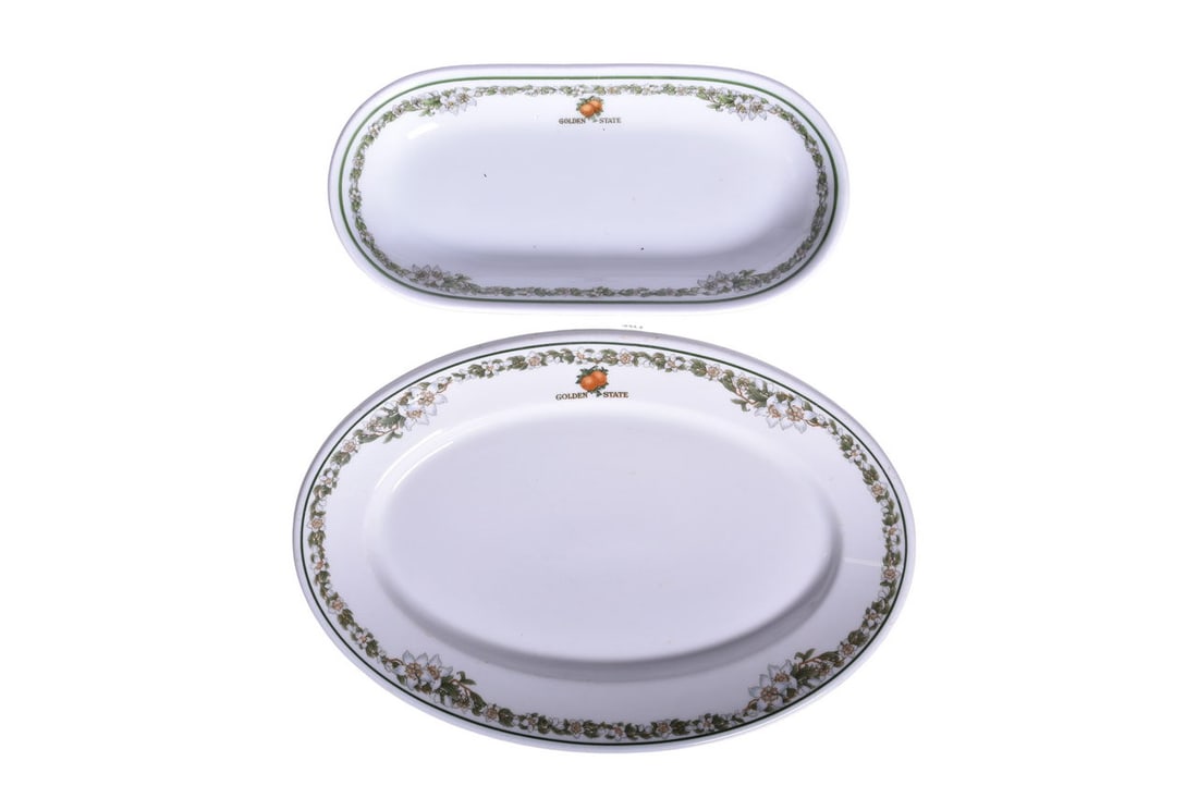 Southern Pacific Railroad China Golden State Relish Tray and Oval Platter Plate: Pair of dining car items for the Southern Pacific Railroad in the Golden State pattern. Includes a 7 1/2" relish or vegetable tray by Bauscher, bottom stamped Made expressly for Southern Pacific Lines