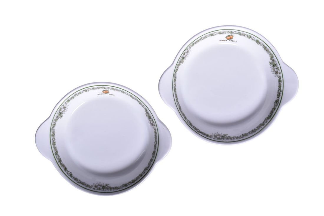 Pair of Southern Pacific Railroad China Golden State Casserole Dishes w/ Winged Handles: Pair of dining car casserole bowls for the Southern Pacific Railroad in the Golden State pattern, both bottom stamped Bauscher Made expressly for Southern Pacific Lines Dining Car Service 1927 with 77
