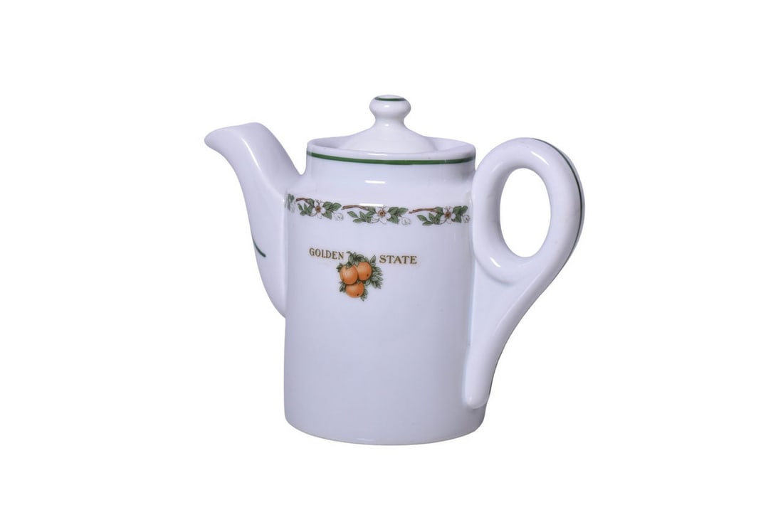 Chicago, Rock Island & Pacific Railroad China Golden State Hot Water Pot or Teapot: A 5" tall hot water or beverage pot with lid for the Rock Island Railroad in the Golden State pattern, side marked with 3 three oranges and bottom stamped Bauscher China 1924. The pot has a strong sid