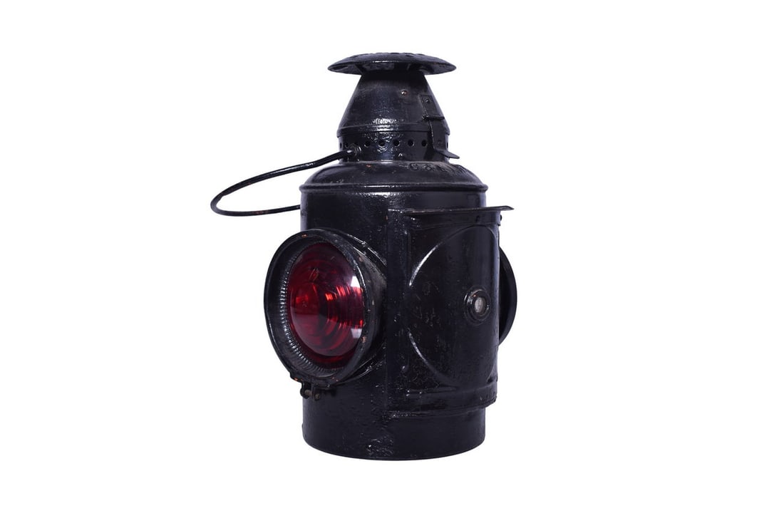 Chicago & Eastern Illinois Railroad Adlake Train Order Lamp: Adams & Westlake train order lamp with the shoulder embossed C&EI RR. The paint has been restored but the burner pot is present along with the Pyrex chimney. One lens is clear, the other is red.