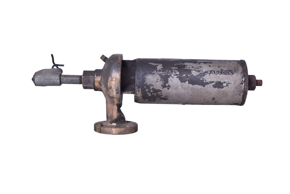 Hancock 17 1/4" Three Chime Steam / Air Whistle: A roughly 17 1/4" tall cast three chime steam whistle with HANCOCK and 4700PA77 cast onto the side. Inlet measures 3/4". The whistle has a property / inventory tag attached to the bottom which is embo