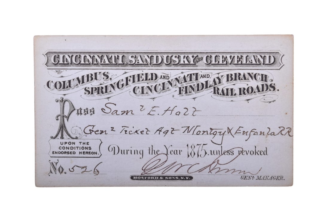 Cincinnati, Sandusky and Cleveland Railroad 1875 Annual Pass (1 of 2)