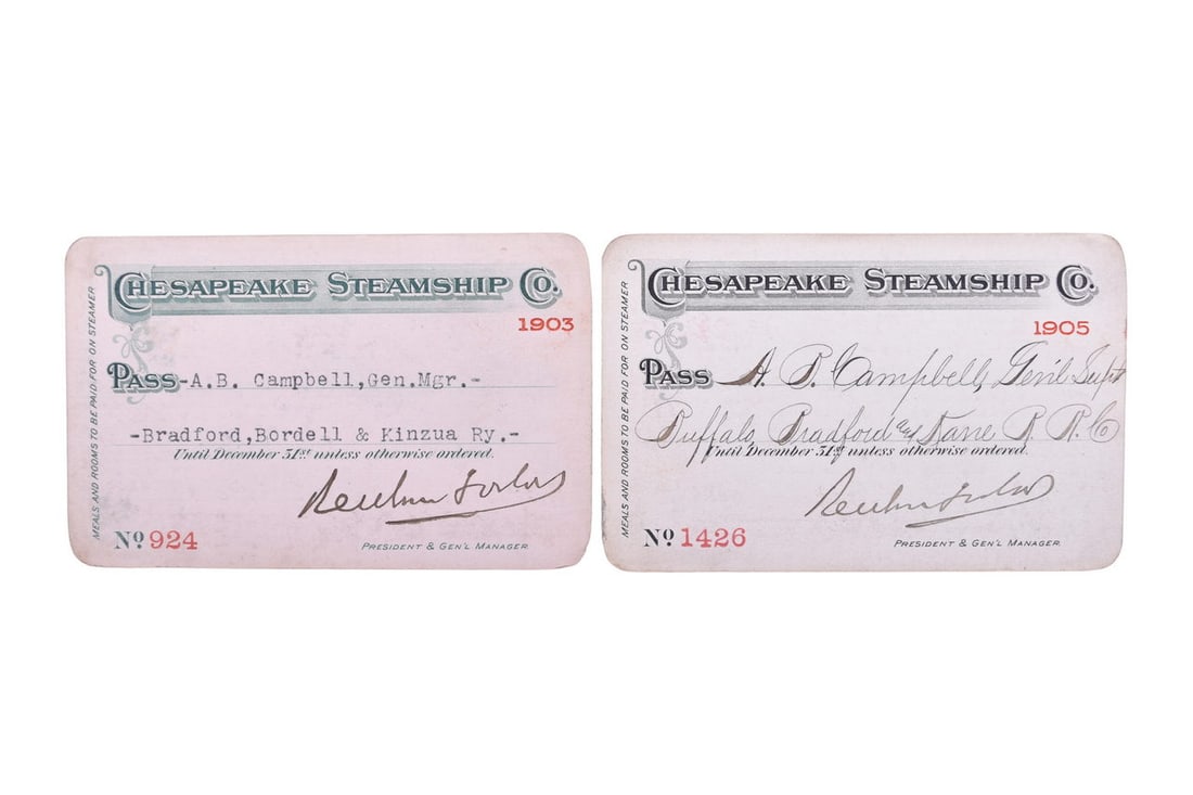 Pair of Chesapeake Steamship Co. 1903 and 1905 Annual Passes: . Chesapeake Steamship Company 1903 number 924 and 1905 number 1426 - issued to A. B. Campbell, first Gen. Mgr. Bradford, Bordell and Kinzua RR and then Buffalo, Bradford and Kane RR by Pres. and Gen.